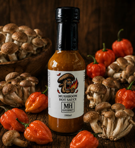Bottle of MH Gourmet Mushroom Hot Sauce surrounded by mushrooms and peppers on a wooden surface.