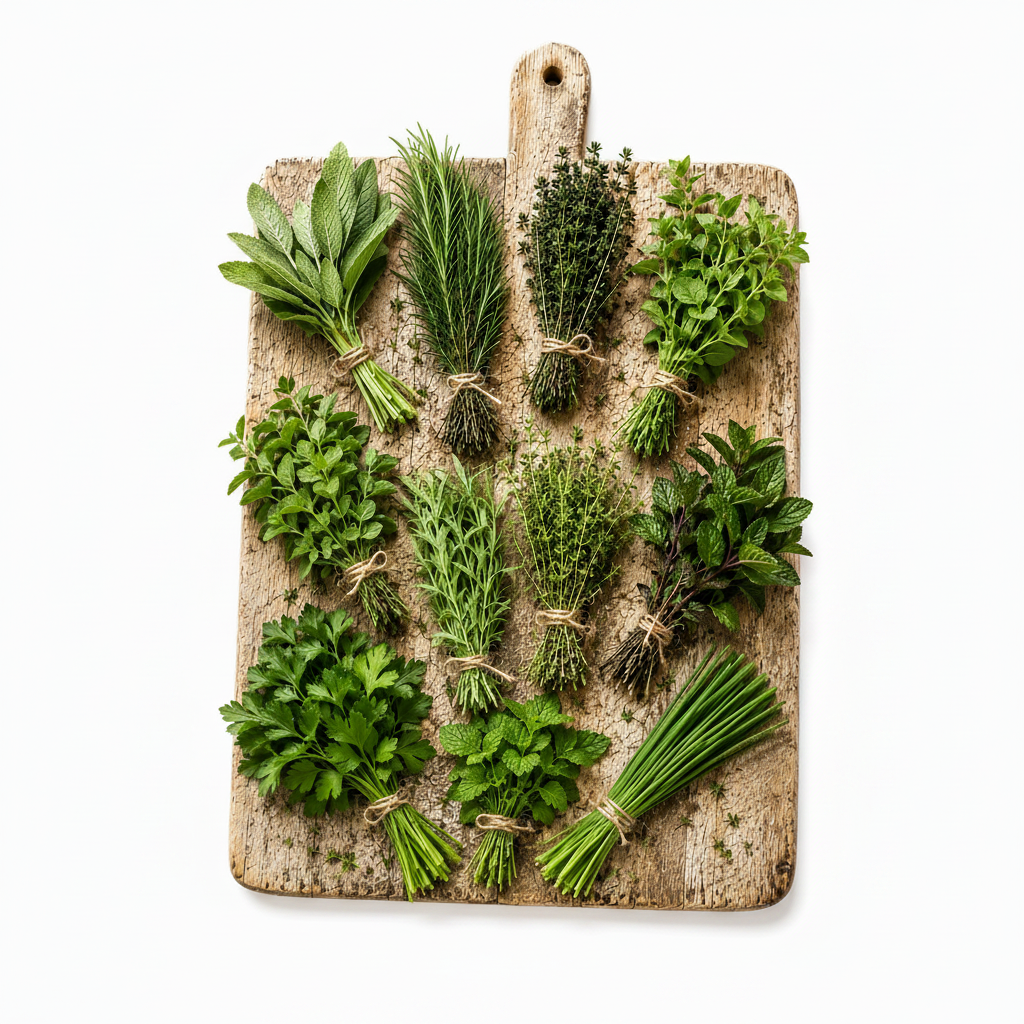 Assorted fresh green herbs on a wooden cutting board