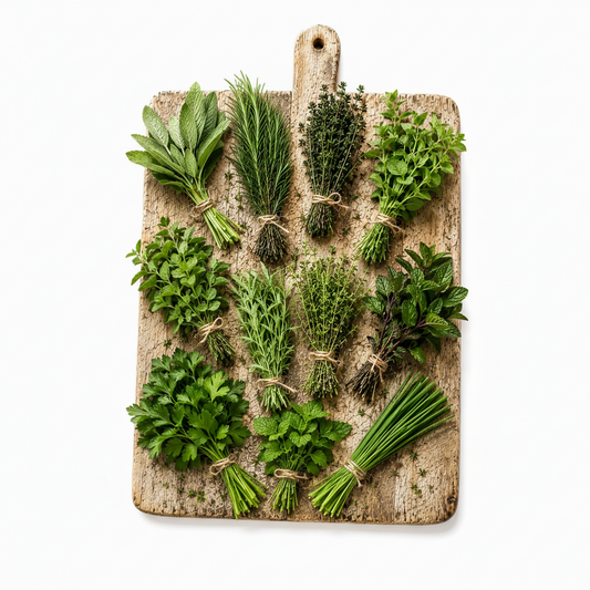 Assorted fresh green herbs on a wooden cutting board