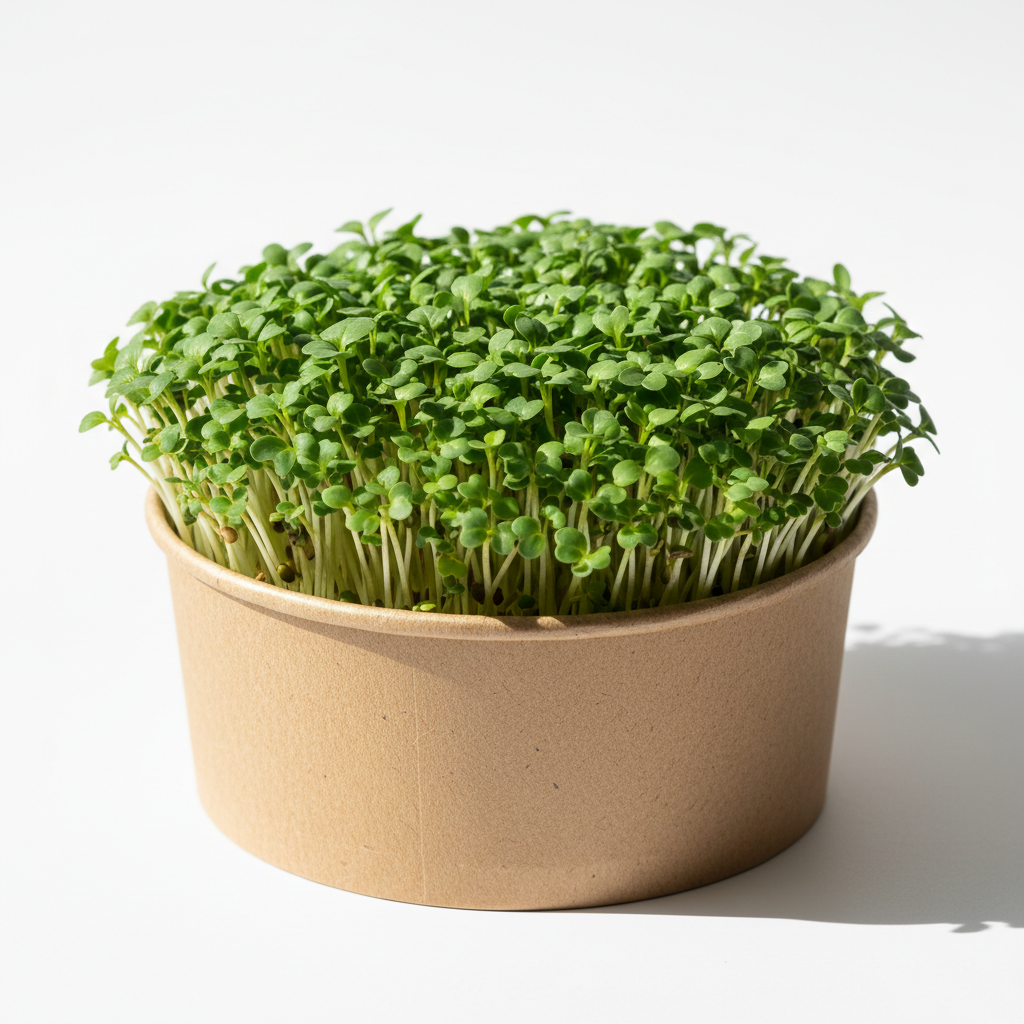 Bowl of fresh green microgreens on a white background