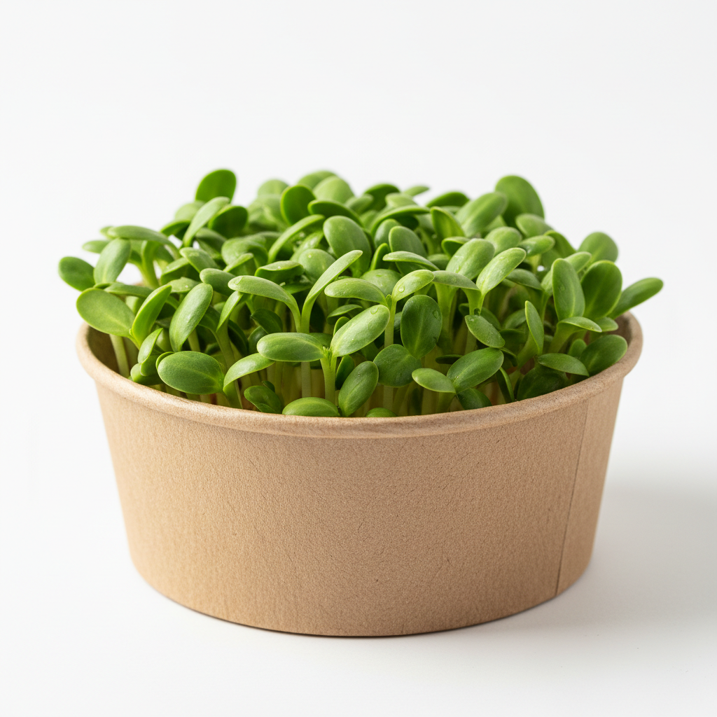 Bowl of green microgreens on a white background