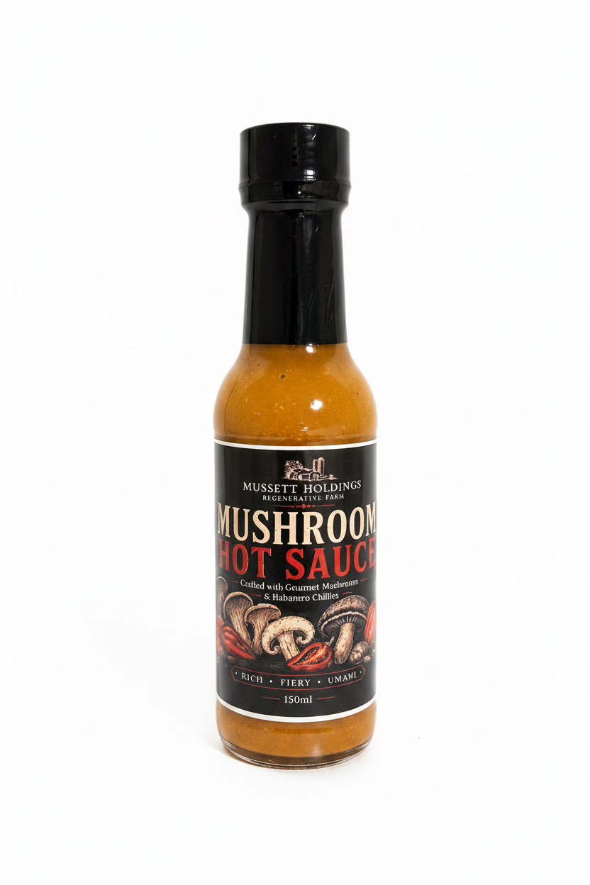 Bottle of Mushroom Hot Sauce surrounded by habanero peppers on a wooden surface