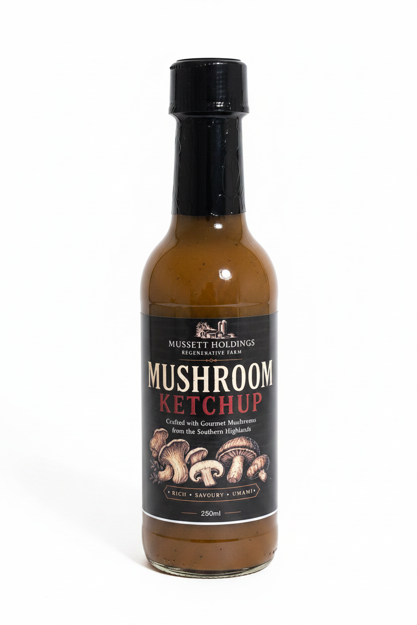 Bottle of mushroom ketchup surrounded by mushrooms on a wooden surface