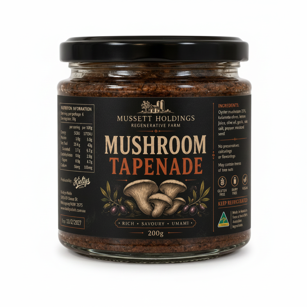 A jar of Mussett Holdings Mushroom Tapenade, 200g, on a light countertop with a blurred kitchen background. The product is in a clear glass jar with a black lid and a black label featuring brown and orange text and mushroom illustrations.
