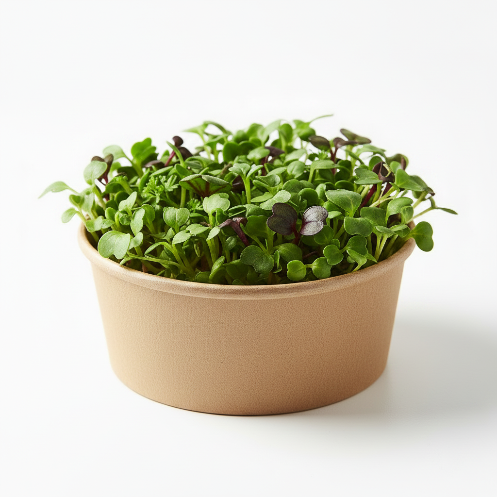 Small beige bowl filled with green microgreens on a white background